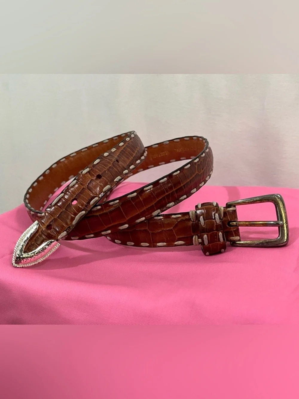 Kenneth Cole Croc Embossed Leather Belt 38 Brown Italian Calfskin Luxury Western